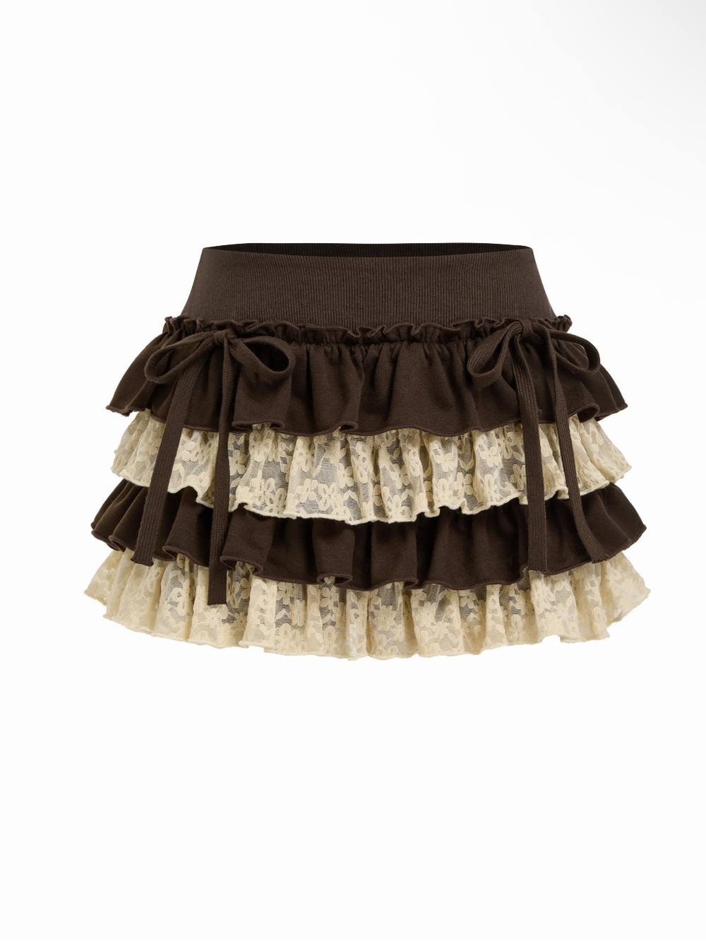 Cider brown & beige low-rise lace layered bowknot mini skort 🤎🎀